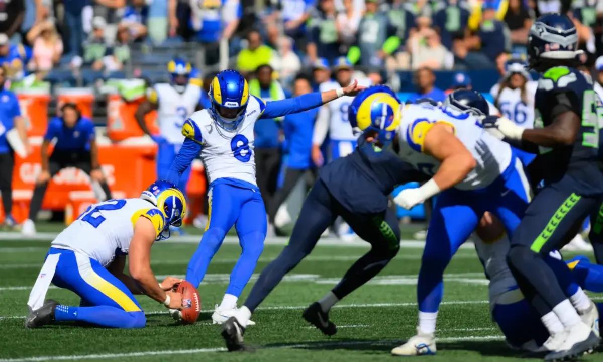 Sep 10, 2023; Seattle, Washington, USA; Los Angeles Rams place kicker Brett Maher (8) kicks a field goal during the second half at Lumen Field.